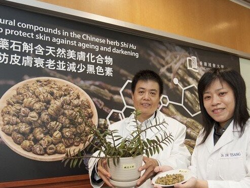 The research team of Professor Zhang Hongjie (left) and Dr Tsang Siu-wai discovers that the natural compounds found in the Chinese herb Shi Hu can effectively lighten skin and protect it from damage.