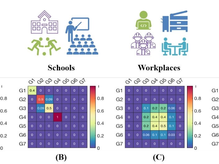 Measurement of the intensity of social contacts among seven age-groups (G1: 0-6; G2: 7-14; G3: 15-17; G4: 18-22; G5: 23-44; G6: 45-64; and G7: 65 or above) in four major settings: (A) households; (B) schools; (C) workplaces; and (D) public/community.