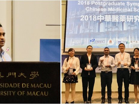 Mr. Sravan Gopalkrishnashetty Sreenivasmurthy (PhD Candidate) won the “Third Place Presentation Award” at the 2018 Postgraduate Symposium on Chinese Medicinal Sciences held on 29th October 2018 in University of Macau.